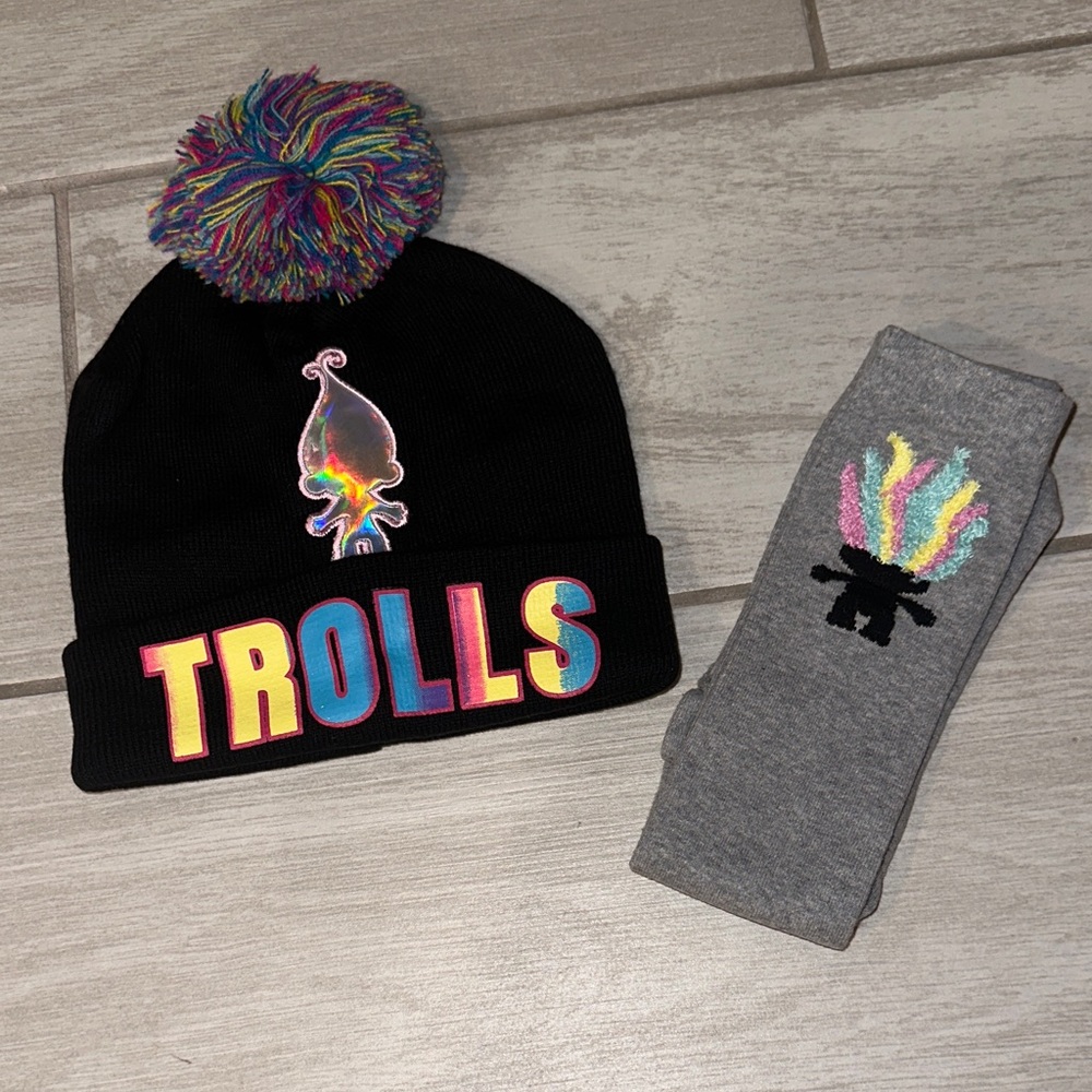 Girls kids Trolls pom pom  beanie  high sock set
